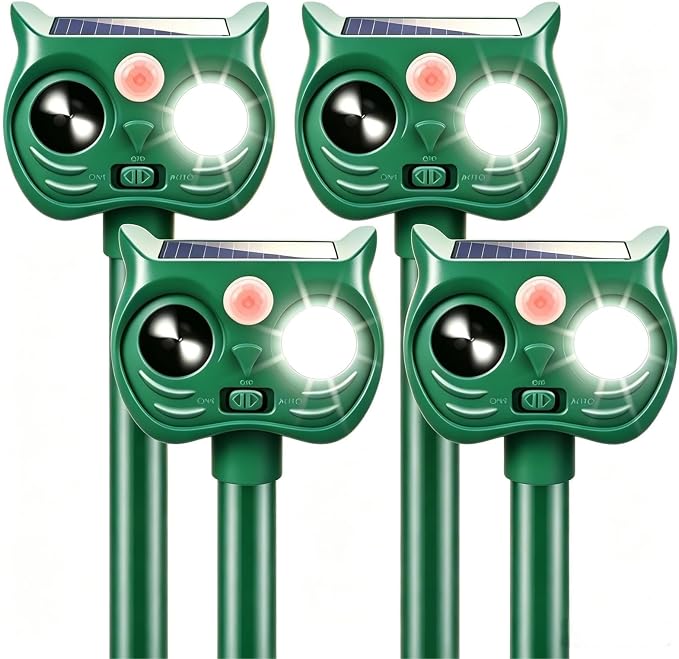4 Pack New Sonic Fortress Pro Deer Repellent Devices,Solar Ultrasonic Animal Repeller Outdoor for Racoons,Squirrels,Cats,Rabbits,Skunks & Foxes,Waterproof Motion Sensor Animal Deterrent for Garden