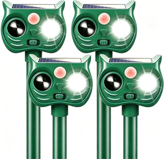 4 Pack New Sonic Fortress Pro Deer Repellent Devices,Solar Ultrasonic Animal Repeller Outdoor for Racoons,Squirrels,Cats,Rabbits,Skunks & Foxes,Waterproof Motion Sensor Animal Deterrent for Garden