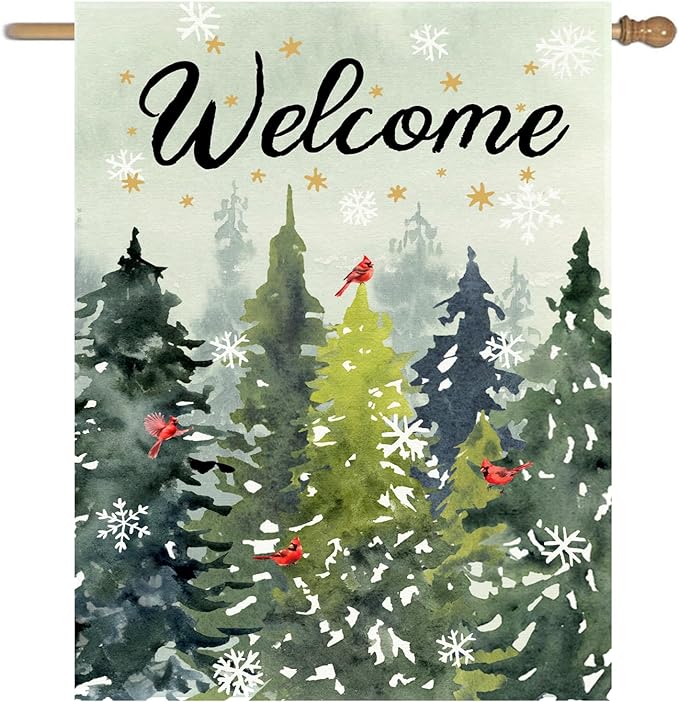 Welcome Winter House Flags Snowy Forest Pine Tree Garden Flag Cardinal Birds Yard Flag Large Christmas Outdoor Flags 28x40 Double Sided for Outside Farmhouse Lawn Decor