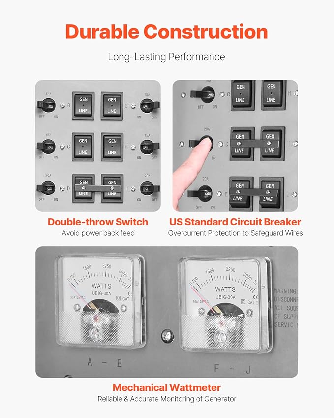 VEVOR Manual Transfer, 30-Amp 10-Circuit, Prewired Generator Transfer Kit with NEMA L14-30P Power Inlet Box, Double-Throw, NEMA 3R, Mechanical Watt Meter, for 7500W Generators