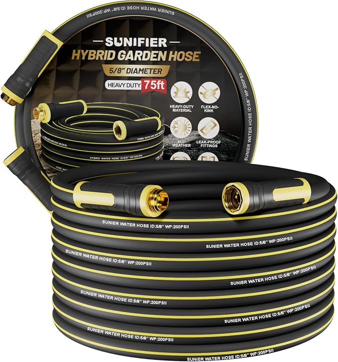 Hybrid Rubber Garden Hose 5/8 Inch, 75 ft Heavy Duty Kink-Free Water Hose, 3-Layer Reinforced, 600 PSI Burst Pressure, Water Safe, All-Weather Flexible Hoses for Yard, Lawn (Black,75 ft)
