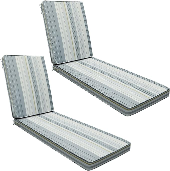 AAAAAcessories Outdoor Chaise Lounge Cushions, Fade-Resistant, Waterproof Patio Furniture Replacement Cushions, 72" x 21" x 3", Set of 2, Ash Blue Harbor Stripe