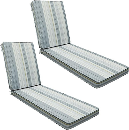AAAAAcessories Outdoor Chaise Lounge Cushions, Fade-Resistant, Waterproof Patio Furniture Replacement Cushions, 80" x 26" x 3", Set of 2, Ash Blue Harbor Stripe