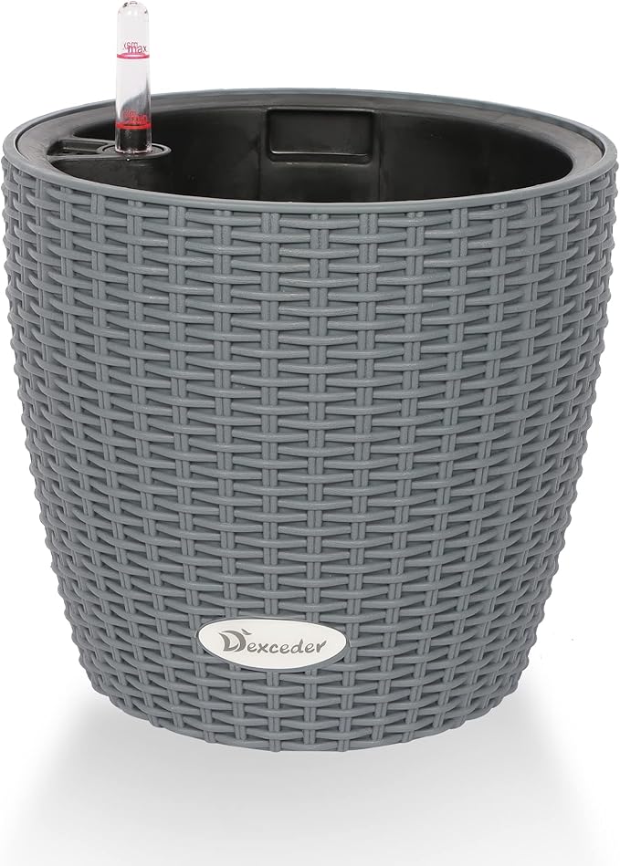 Dexceder 9x8 Self Watering Planter (Deep Gray Rattan) | Inner Pot Design, Thickened Table Flower Plant Pot with Water Level Indicator Indoor Outdoor