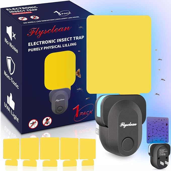 Flying Insect Trap Plug-in, Indoor Mosquito & Gnat Killer, Safe Non-Toxic UV Light Fly Catcher, Night Light Bug Trap with Sticky Pad for Flies, Gnats, Moths (1 Pack, Deep Black)