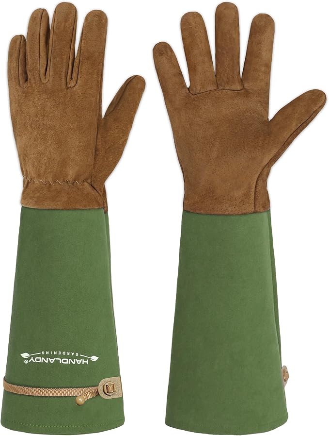 HANDLANDY Long Gardening Gloves for Men & Women, Pigskin Leather Rose Pruning Gloves, Breathable Thorn Proof Gauntlet Glove (Moss Green, XL)