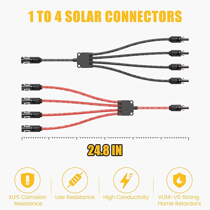 CASMAN Solar Panel Connectors Y Branch 1 to 4 Parallel PV Adapter Cable Tool-Free, Extra Long Solar Panel Splitter 1000V Cable for Most Conventional Type Solar Connectors(M/FFFF and F/MMMM)