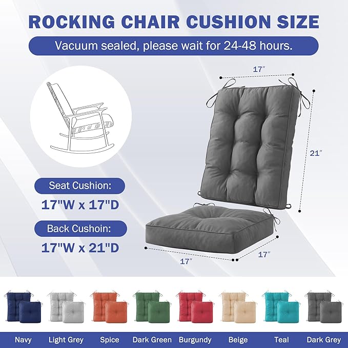 IPYNBAP Rocking Chair Cushion, Waterproof and Fade-Resistant Patio Chair Cushions, Tufted Chair Pads for Rocker Furniture, 17x17 Inch, Indoor/Outdoor Seat Cushions with Ties, Dark Grey