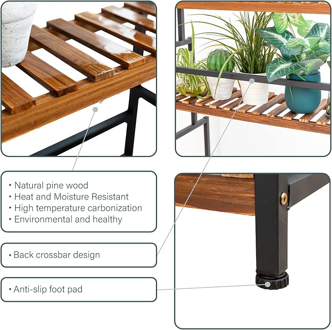 ULIKE Plant Stand Outdoor Indoor Hanging Plant Shelf for Multiple Plants 3 Tier Tall Plant Stand Wood Rack with Metal Frame for Patio Garden Balcony