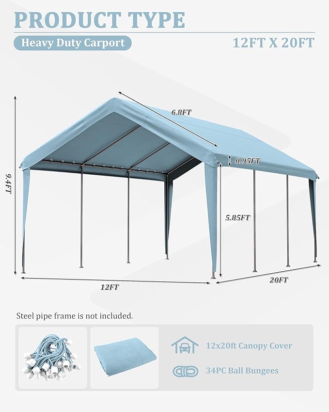 Carport Canopy Replacement Cover 12x20 Heavy Duty Outdoor Portable Car Canopy Oxford Waterproof UV & Tear Resistant Garage Canopy with Ball Bungees (Frame is Not Included)