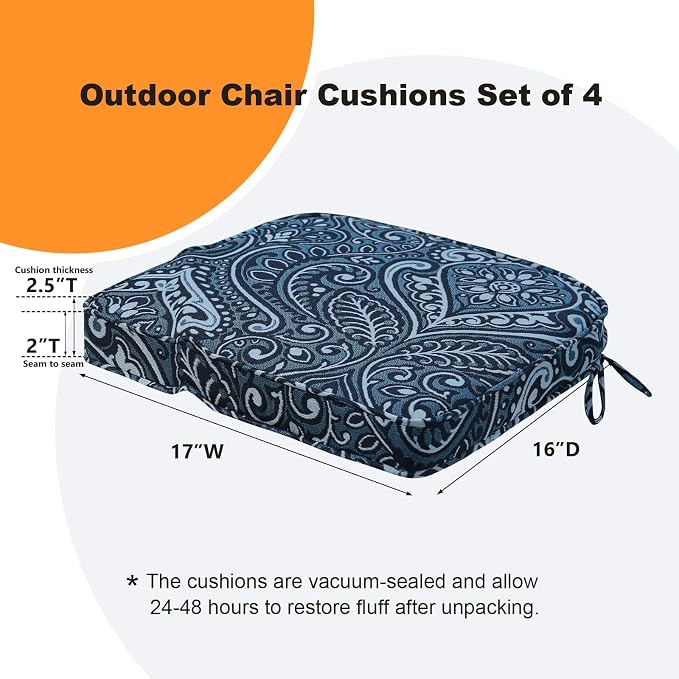 Unimatta Round Corner Seat Cushions, 17" x 16" x 2", Set of 4, Indoor Outdoor Water Repellent Universal Chair Pads with Ties for Patio Furniture, Garden Deck Dining Chairs, Damask Blue Flower