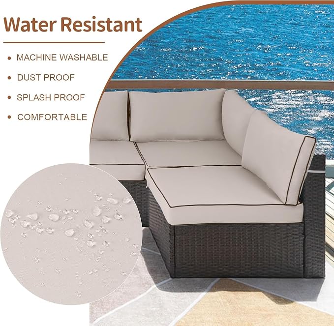 14 Piece Outdoor Furniture Replacement Cushions, Cover+Filling, 25.6" x 25.6" x 4" Foam Waterproof Outdoor Sofa Cushion Sets, Fit Wicker Rattan Sectional Conversation Set,Cream+Black Piping