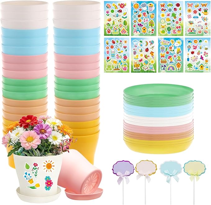Garden Paper Pot Craft Kit, 36 Durable Resin Garden Pot with Tray Drainage Holes Adhesive Stickers and 40 Colorful Writable Cards, Flower Plant Spring Craft for Classroom DIY Flower Planting