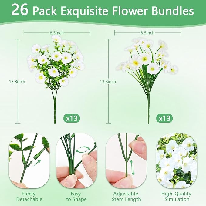 Yastouay Artificial Flowers for Outdoors, 26 Bundles Fake Outdoor Flowers, UV Resistant Artificial Plants & Flowers for Decoration, White Realistic Morning Glory for Outdoor Porch Garden Decoration