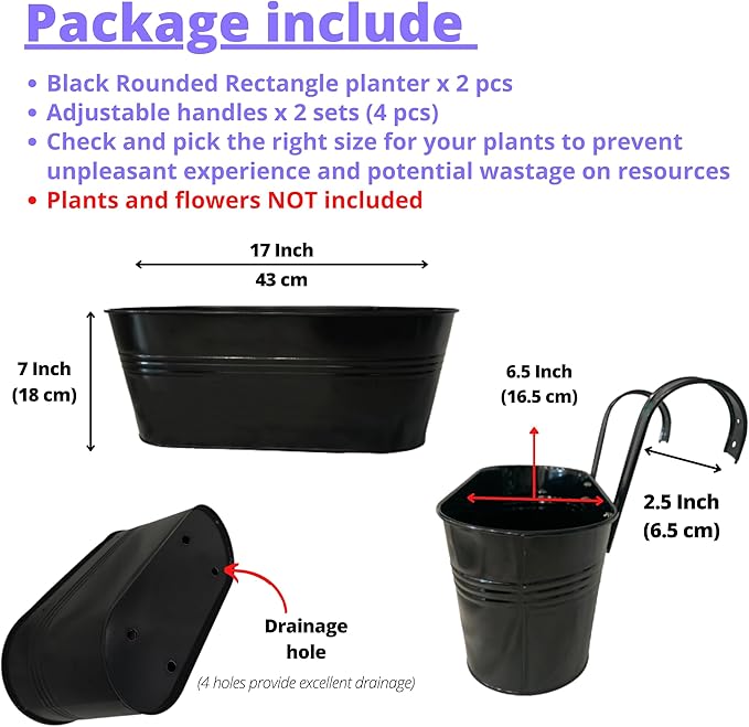 LaLaGreen Deck Railing Planter Box (17 Inch, 2 Pack) Large Black Metal Window Flower Boxes Outdoor, Wall Hanging Planters Plant Holder Hooks Fence Rail Bucket Modern Countryside Boho Style Patio Porch