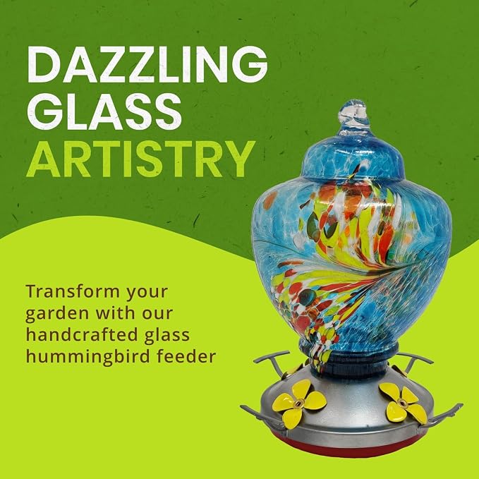 Nature Gear Glass Hummingbird Feeder for Outdoors, Hanging Bird Feeder with Ant Moat, Hand-Blown Glass Garden Feeder, Easy Clean Wide Mouth, Rust Resistant, 38 oz, Blue Burst