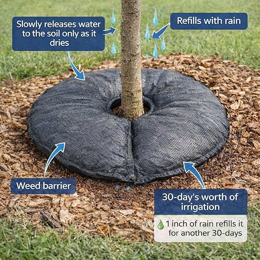 SteadySpring® 24" Smart 30+Day Tree Watering Mat - AUTO Refills with RAIN and Slow Releases As Plant Needs - for Root Balls 11" - 15" Dia Slow Release Technology Prevents Over and Under Watering (4)