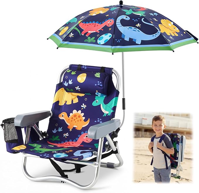 Yalikop Kids Beach Chair with 4 Positions Seaside Beach Chair with Umbrella Kids Folding Camping Seating for Boy Girls Children Sand Camping Travel Outdoor Summer Supply(Dinosaur Theme)