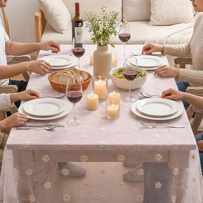 Horaldaily Pink Embroidery Daisy Spring Summer Gauze Tablecloth 60×84 Inch Rectangular, Seasonal Tulle Table Cover, Garden Party Decorations for Wedding, Party, Holiday Dining