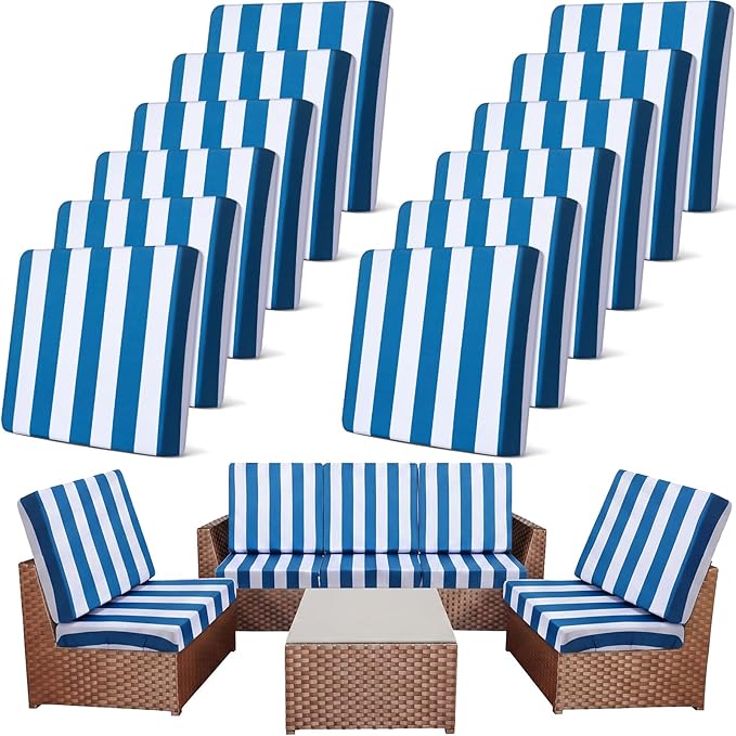 Newwiee 12 Pcs Patio Stretch Outdoor Cushion Covers Sofa Couch Cover Replacement Couch Slipcover Sofa Seat Chair Porch Patio Furniture Protector, Flexibility Washable (Blue White,Stripes)