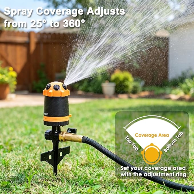 FANHAO Gear Drive Lawn Sprinkler with Metal Spike Base, 6-Pattern Heavy Duty Water Sprinkler System, Multi-Adjustable Irrigation Sprinkler for Large Yard Area Watering, Garden Plant and Flower Bed