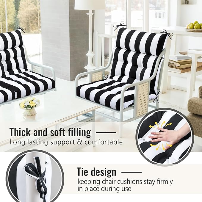Sintuff 4 Pcs 44 x 21 x 4 Patio Chair Cushions Outdoor Chair Cushion Seat/Back Tufted Pillow with Ties Water Resistant Replacement Indoor Patio Furniture Outdoor Furniture (Stripe,Black,White)