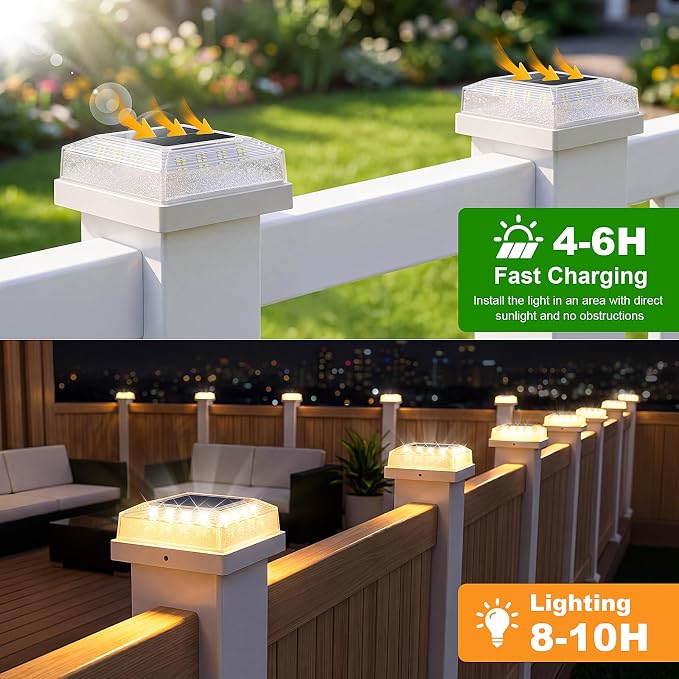 Brightever 3.5x3.5 4x4 Solar Post Cap Light Outdoor, 8-Pack Fence Post Solar Lights for Wooden/Vinyl Posts, 3 Lighting Modes, Solar Powered Waterproof Deck Post Lights for Garden Patio, White