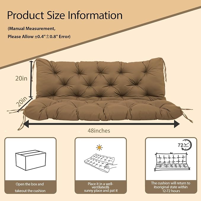 Porch Swing Cushions Outdoor, 5 Inch Thick Waterproof 2-3 Seater Replacement Swing Cushion with Backrest and Anti-Slip Ties, Perfect for Porch, Patio, Garden, Outdoor Bench Furniture, 48×40×5 Inch