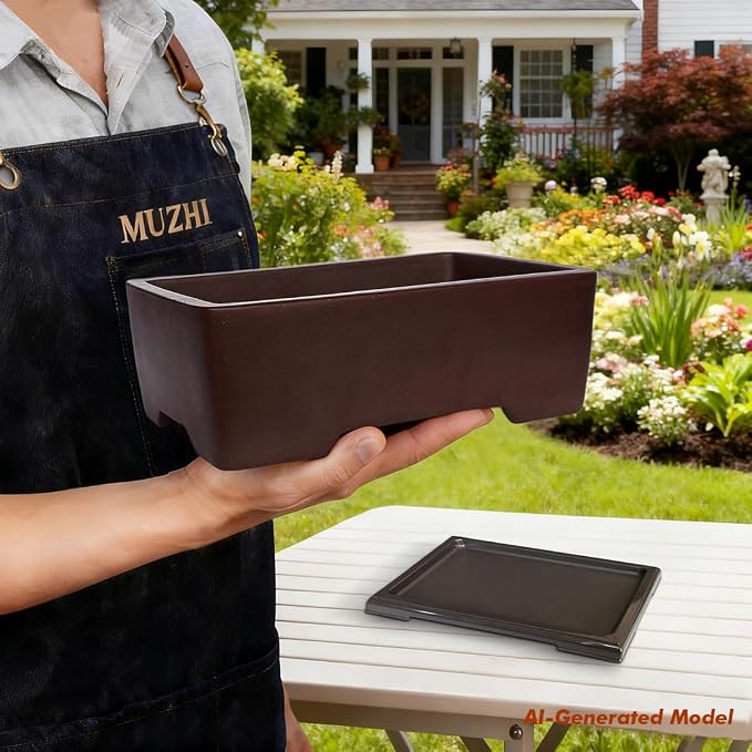 MUZHI Unglazed Zisha Bonsai Pot with Humidity Tray, Rectangle Bonsai Tree Planter with Drainage for Ficus, Succulent etc. (Classic Rectangle)