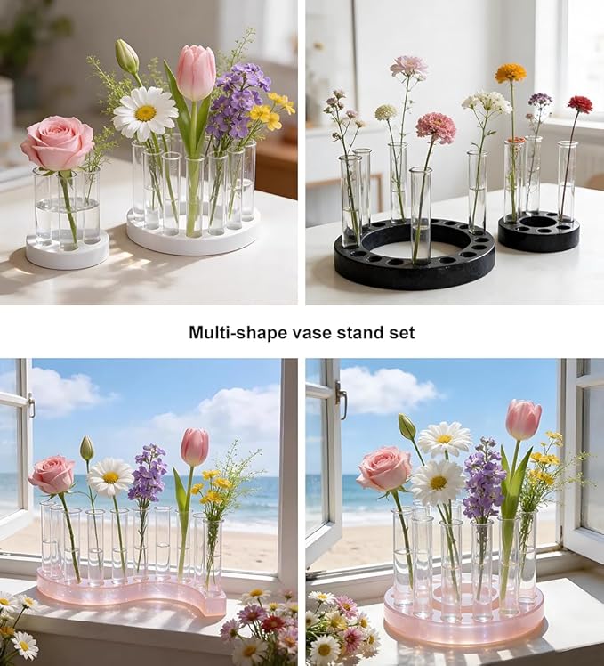 Flower Vase Resin Molds Silicone， Circular and Curved Silicone vase Base+32 Flower Arranging Test Tubes, Suitable for Inserting Fresh Flowers and Cultivating Plants, Desktop Vases Home Decor (C)
