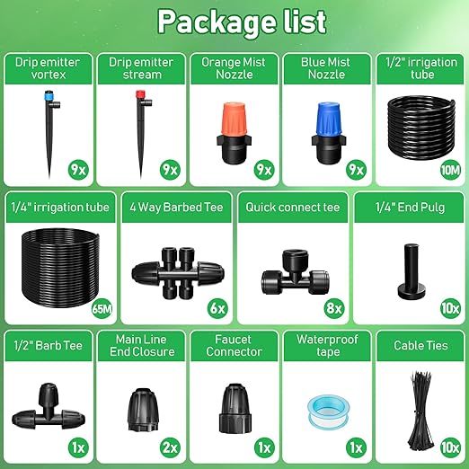 246FT Drip Irrigation System, Automatic Drip Irrigation Kit with 1/2" Main Tube & 1/4" Branch Tubing, Adjustable Drip Emitters, Garden Watering System for Flower Bed, Raised Beds, Lawn, Greenhouses