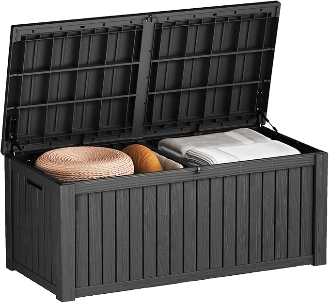 Outdoor Storage Deck Box Waterproof, 180 Gallon Large Lockable Patio Storage Bin Chest, Resin Outside Container Seat Bench for Furniture Cushions, Pool Accessories, Garden Tools & Delivery, Black