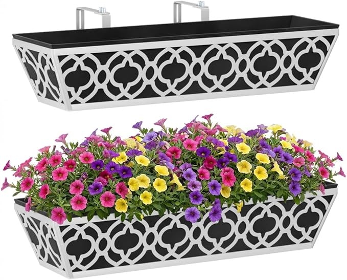 Y&M 2Pcs 24'' Railing Planter Box Set with Black Non-Woven Fabric Liner, Flower Boxes with Adjustable Brackets, Large Metal Hanging Window Boxes for Fence, Deck, Balcony, and Garden