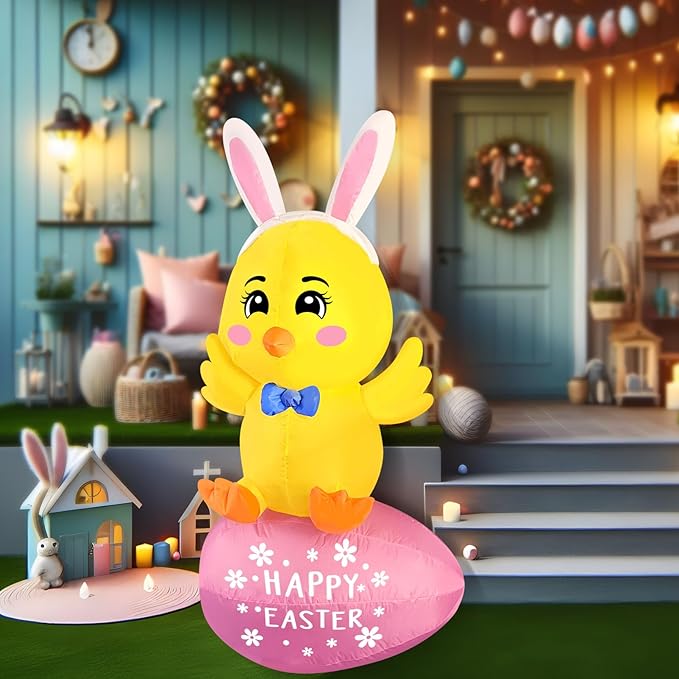 Easter Inflatable Chick On Egg Happy Easter Blow up Outdoor Decoration with LED Lights, Yard Garden Lawn Outdoor Decoration Front Door Holiday Decor (5Ft Chick Sits on Egg)