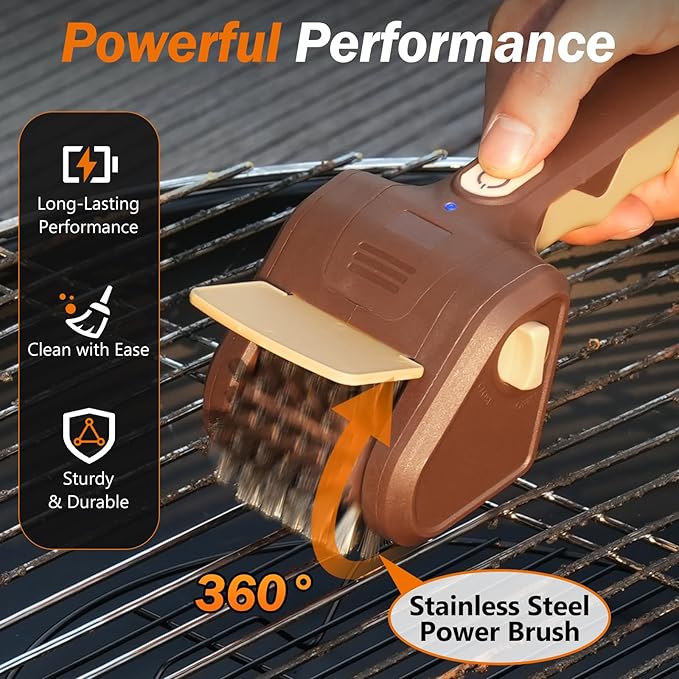 Electric Grill Brush for Outdoor Grill, Cordless Electric Grill Cleaner, Rechargeable Grill Cleaning Stainless Steel Brush, Grill Scraper, BBQ Accessories Brown