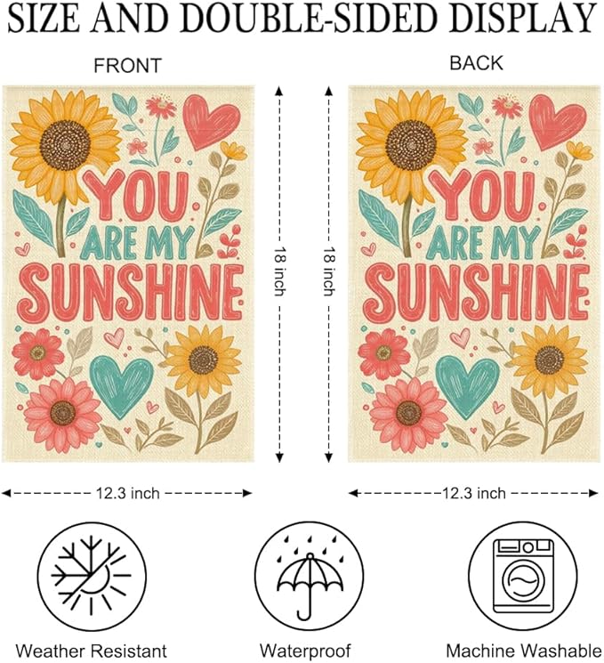 You Are My Sunshine Garden Flag Double Sided Yard Outdoor Decoration 12x18 Inch, Sunflower Summer Yard Outdoor Garden Flag, Summer Sunshine Banner, Positive Energy Home Decor Banner