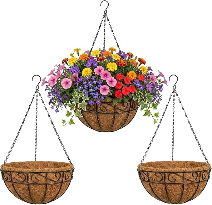 3 Pack Hanging Baskets for Plants Outdoor 10 Inch Metal Hanging Planters with Coco Coir Liner, Round Hanging Flower Pots for Home Garden Patio Balcony Porch