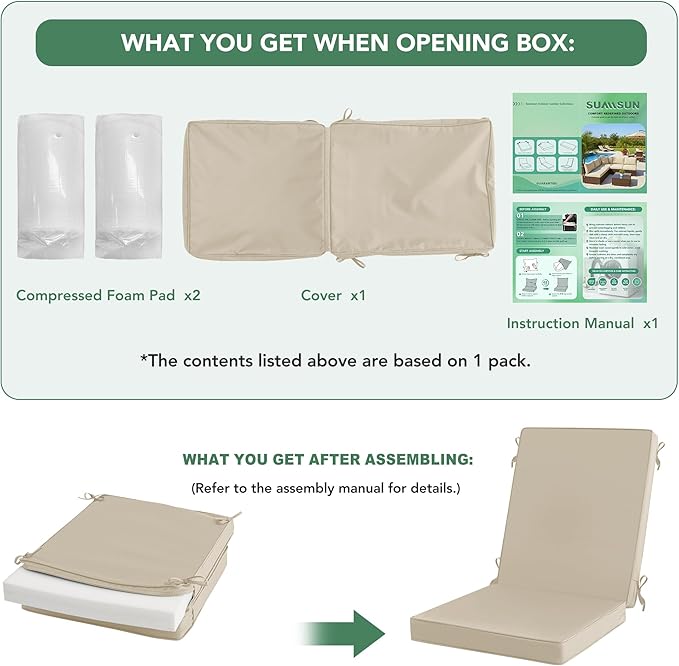 Summsun Outdoor Dining Chair Cushions, Water Resistant High Back Patio Seat Cushion Set with Ties, Removable Covers, Non-Slip Bottom for Garden Lawn Patio Furniture, 44 x 20 Inch, Cream