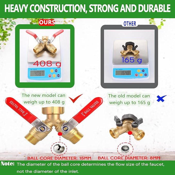 Ceaeso Brass Garden Hose Splitter 2 Way Heavy Duty, Y Valve Hose Splitter With Stainless Steel Long Handle, 3/4" GHT Thread Y Valve Water Garden Hose Tap Adapter
