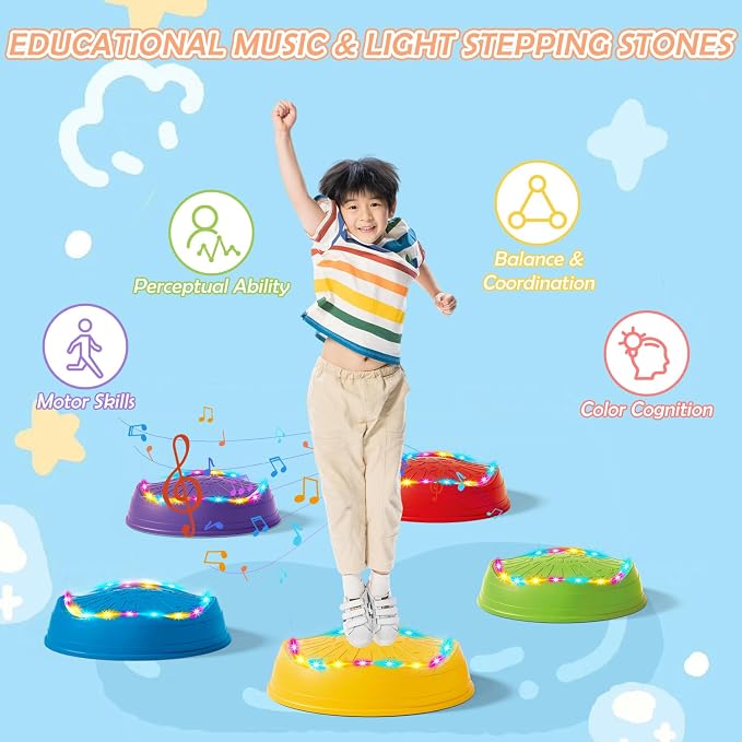 Music Light Up Stepping Stones for Kids Toddler - 5PCS Non-Slip Stackable Plastic Sensory Stepping Stones, Preschool Obstacle Course Balance Board Game, Gross Motor Energy Toys for Indoor Outdoor