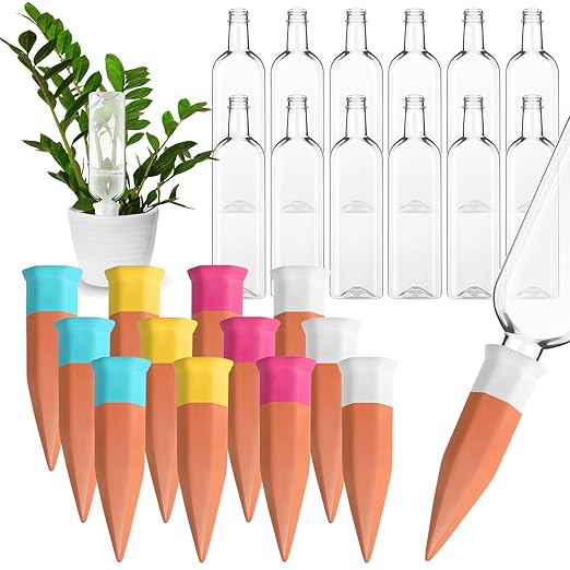 Ziliny 12 Pack Terracotta Watering Spikes Devices, Plant Self Watering Spikes with 25 oz Plastic Wine Bottles, Slow Release Vacation Insert Plant Waterer Devices for Indoor Outdoor