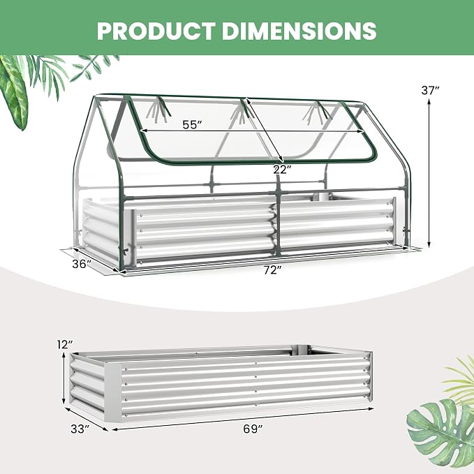 HAPPYGRILL Raised Garden Bed with Cover, Galvanized Metal Planter Box Kit w/2 Large Zipper Mesh Screen Windows, Outdoor Raised Beds for Gardening, Flowers, Vegetables (Silver)