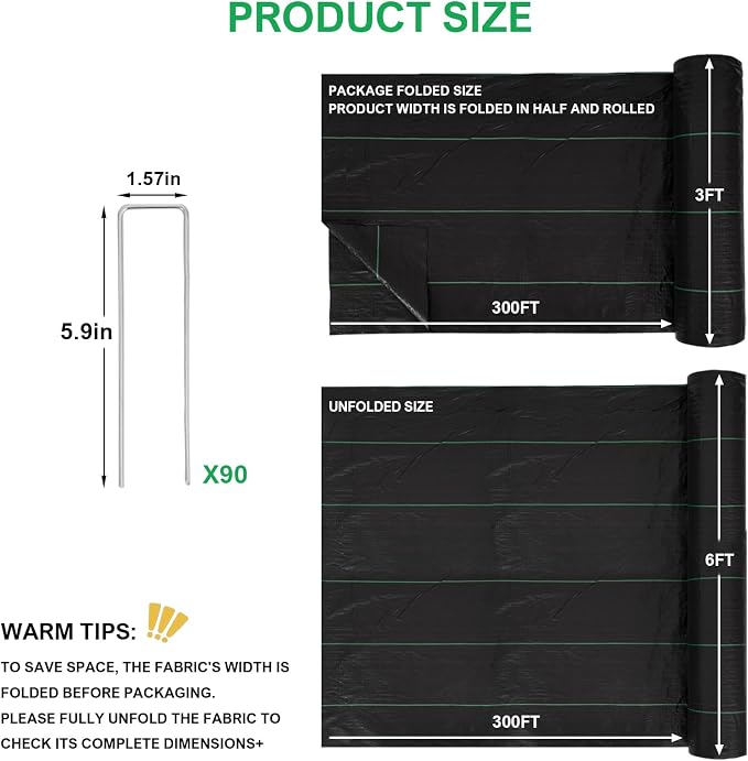 6ftx300ft Weed Barrier Landscape Fabric - 3.2oz Premium Heavy Duty Weed Block Ground Cover Mat with 90 U-Shaped Securing Pegs | Woven Geotextile Fabric for Weed Control Garden Cloth