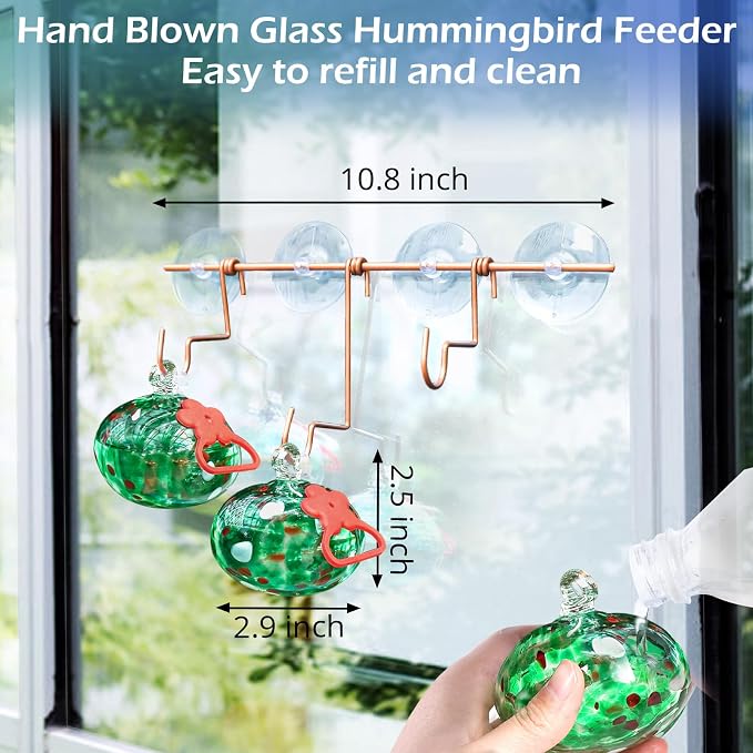 Pozfun Window Hummingbird Feeder with Suction Cups,Hand-Blown Glass Hummingbird Feeders for Outdoors Window Mounted with Metal Hook,Close Bird Watching,Finch in Garden,Yard(Green)