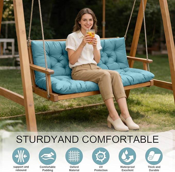Porch Swing Cushions, Outdoor Swing Replacement Cushions 3 Seater with Backrest, Waterproof Bench Cushion with Ties,for Patio,Porch, Garden,Backyard