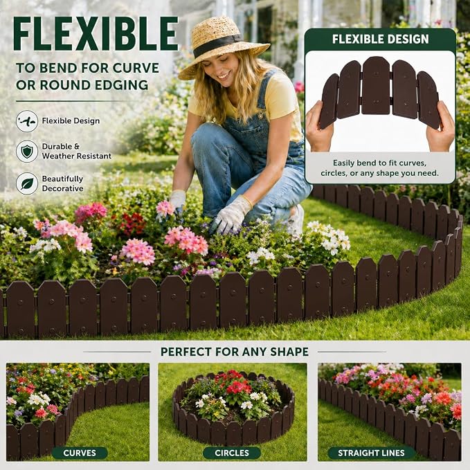 Evelyne Garden Border Edging: Wooden Grain Fence Dog Ear Design - Landscaping Fence Liner Lawn Edge Barrier - Decorative Lawn Landscape Panels Elements -Landscaping Edging (Brown, 10ft.)
