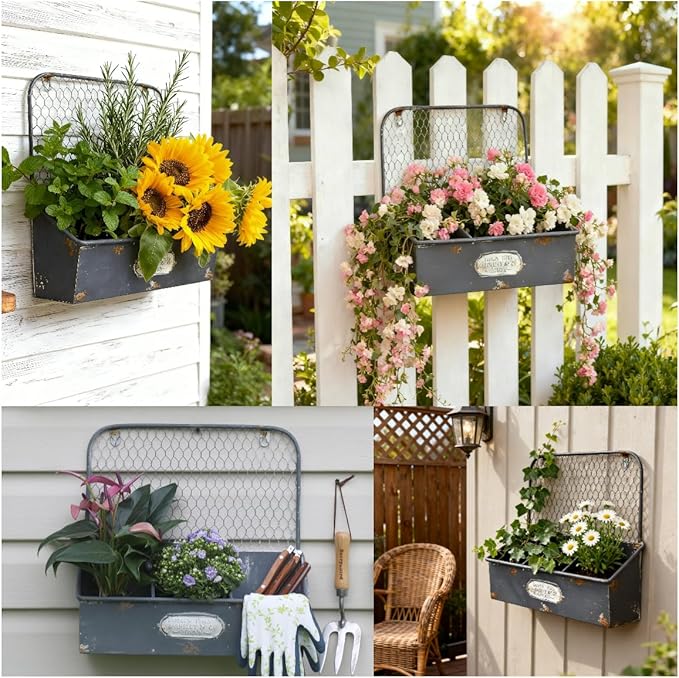 Vintage Blue Metal Hanging Flower Pot, Rustic Wall Planter with 3 Compartments, Farmhouse Plants Holder for Succulents Tubs, Garden Railing Fence Patio Yard Outdoor Decor