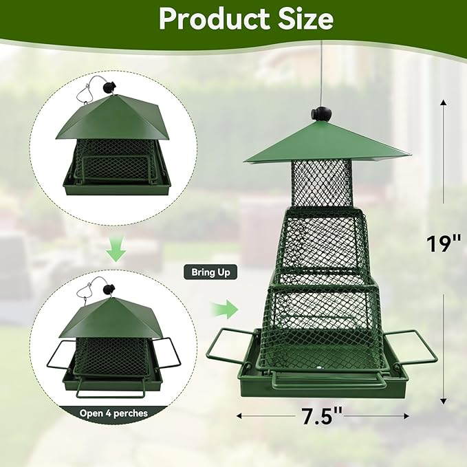 Green Metal Bird Feeder – Squirrel-Resistant Hanging Feeder with 4 Perches | Large Seed Capacity, 360° Mesh for Backyard & Garden