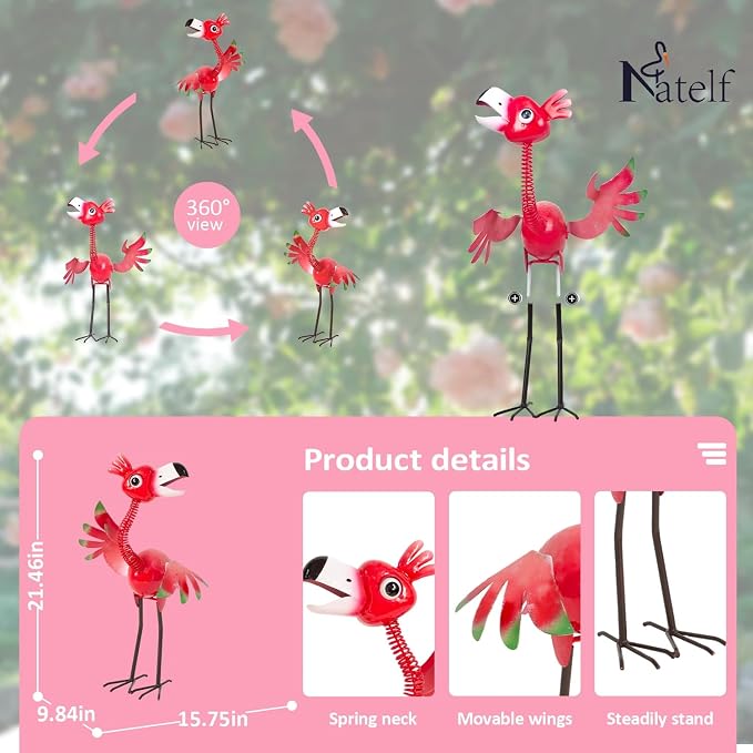 Natelf Funny Outdoor Metal Welcome Flamingo Garden Yard Statue | Waterproof and Rust-proof Whimsical Pink Bird Sculpture for, Porch, Patio, Backyard Decor, 21.46''