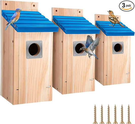 Dreyoo 3 Pack Bluebird Box Houses for Outside,1-1/2'' Entrance Hole Wooden Bird Houses with Metal Guard, Secure Latch,Fledgling Grooves,Air Vents for Bluebird Wren Swallow (Blue Roof,Wood Body)